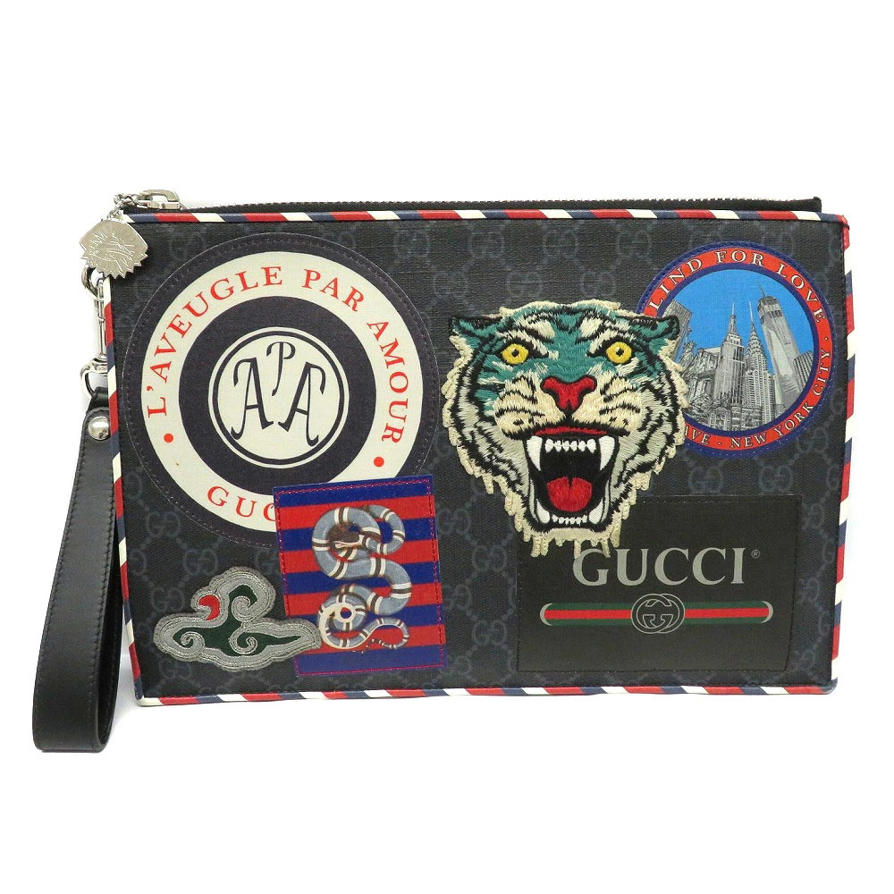 GUCCI Night Courier Clutch Bag GG Supreme Black Tiger Patch